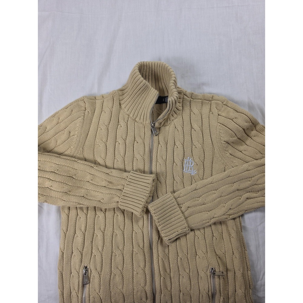 Lauren Ralph Lauren Sweater Womens S Beige Cable-Knit Full Zip Mock Neck Pockets
